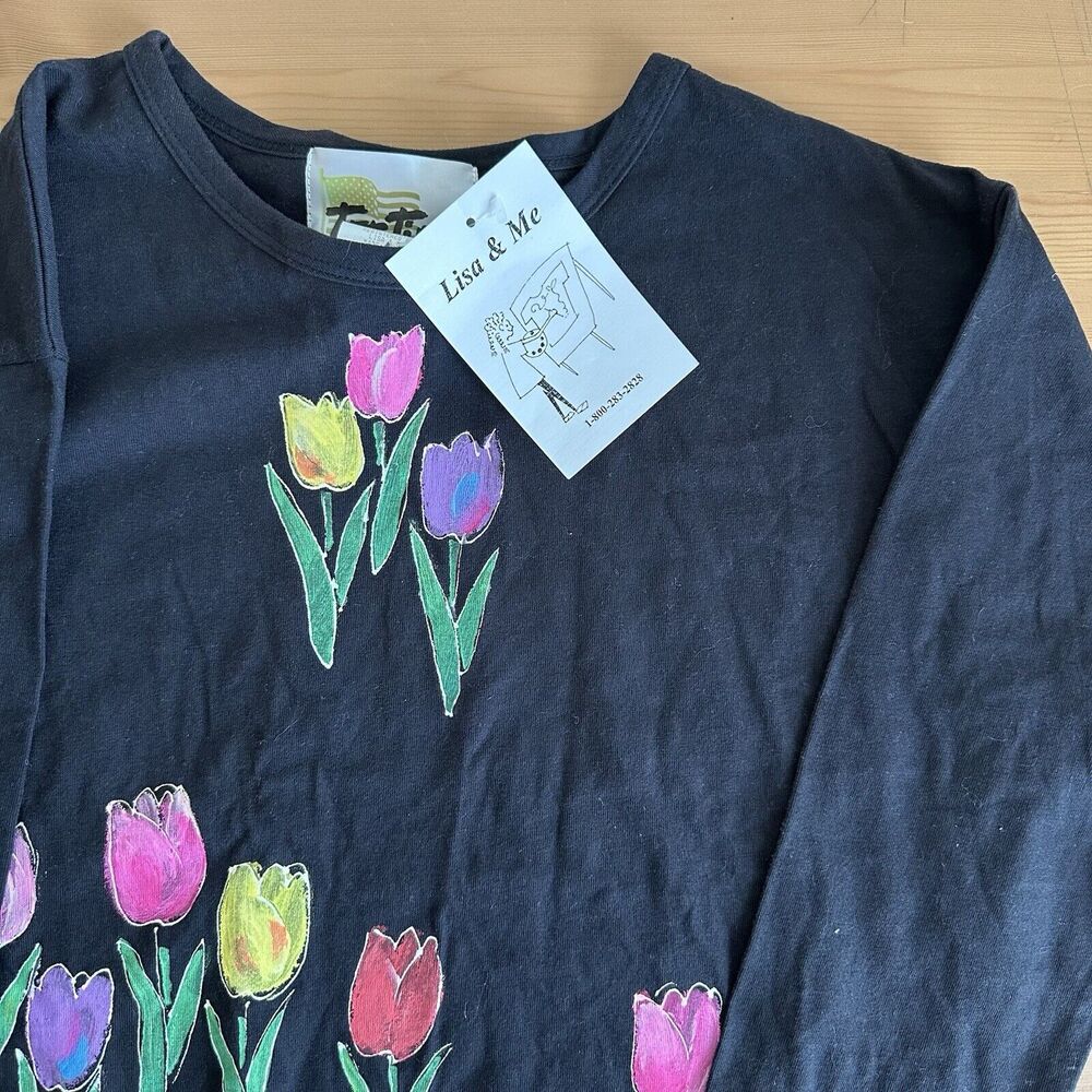 Vintage Tee Time Top Womens Large Black Hand Painted Tulips Art Shirt 80s 90s